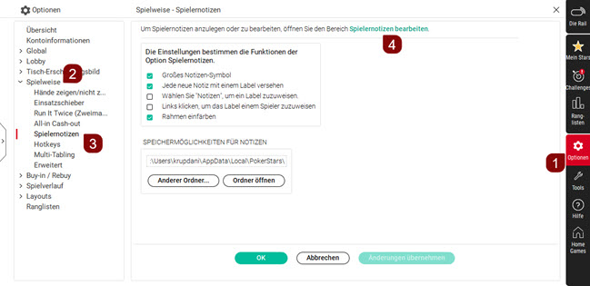 Spielernotizen Einstellungen