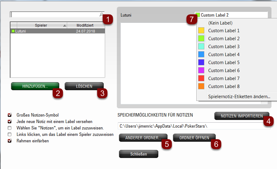 Spielernotizen Optionen