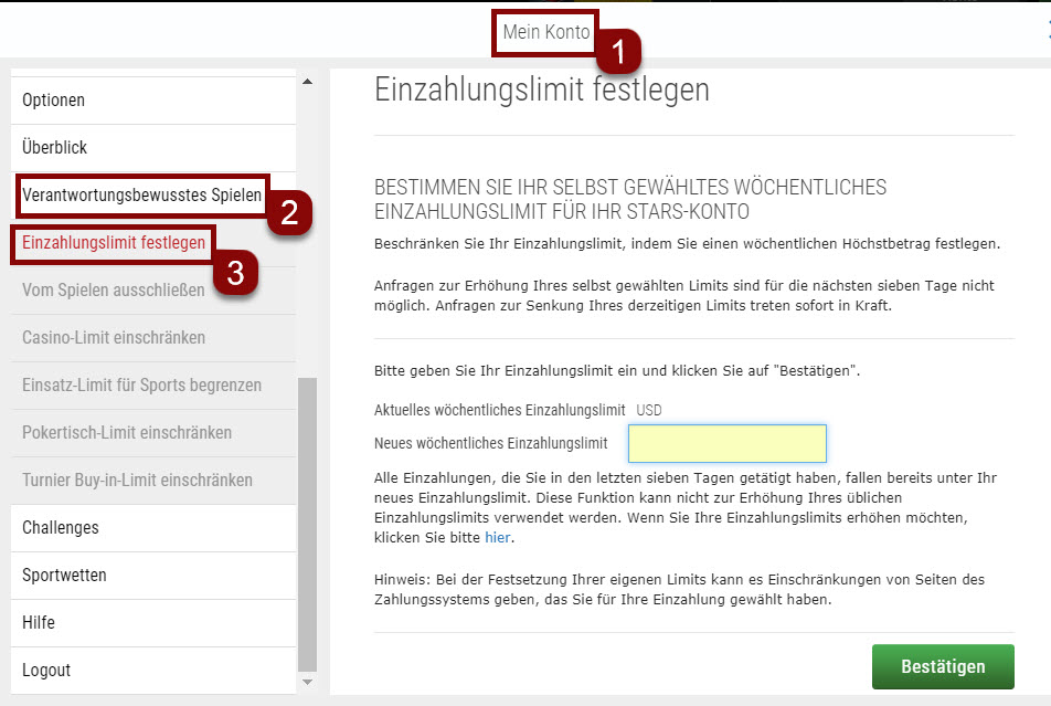 Einzahlungslimits festlegen über die Website Schritte