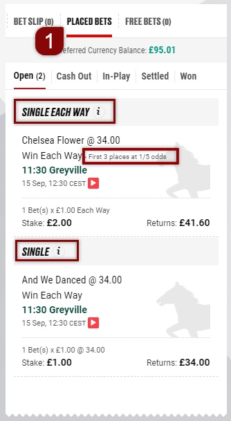 Each way betting - bet receipt showing each way place terms for an open bet on a horse race