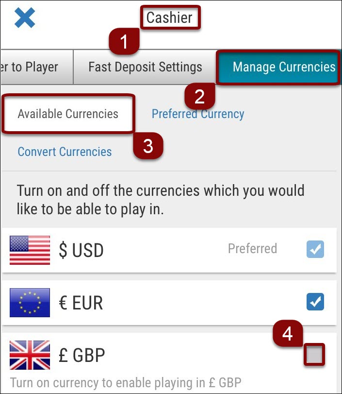 Add currencies to the account
