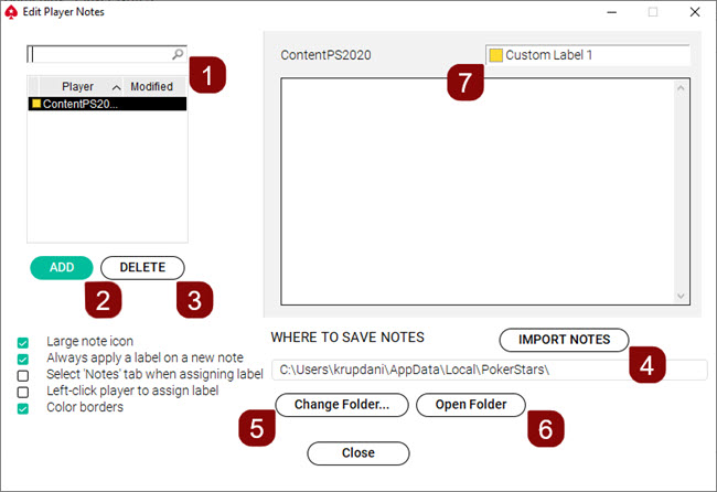 Player Notes Options