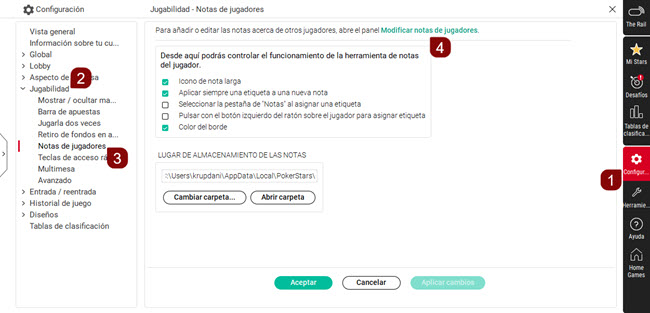 Configuración de notas de jugadores