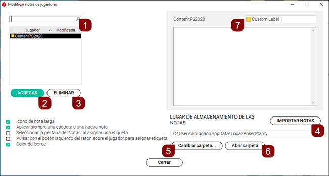 Opciones de notas de jugadores