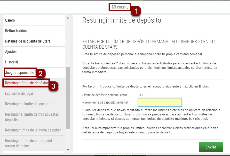 Pasos para establecer límites de depósito en el sitio web