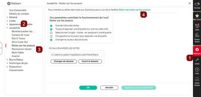 Paramètres des notes sur les joueurs
