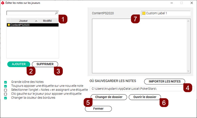 Options de notes sur les joueurs :