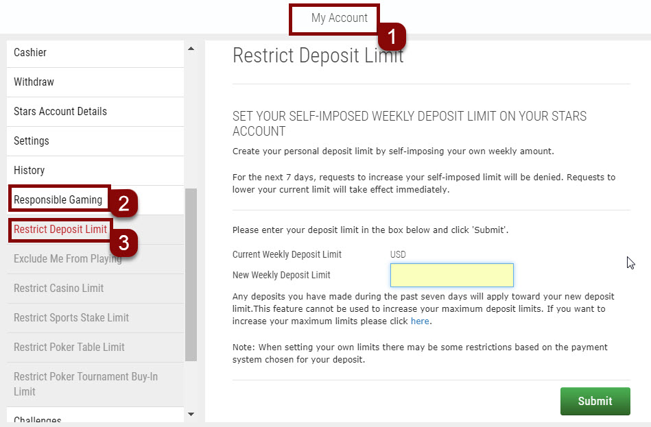 Steps to set deposit limits on Website