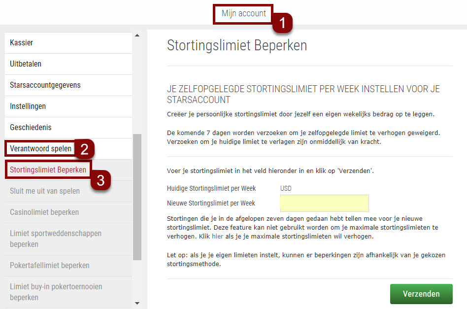 Stappen voor stortingslimieten via website