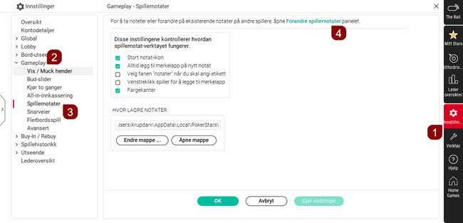 Innstillinger for spillernotater