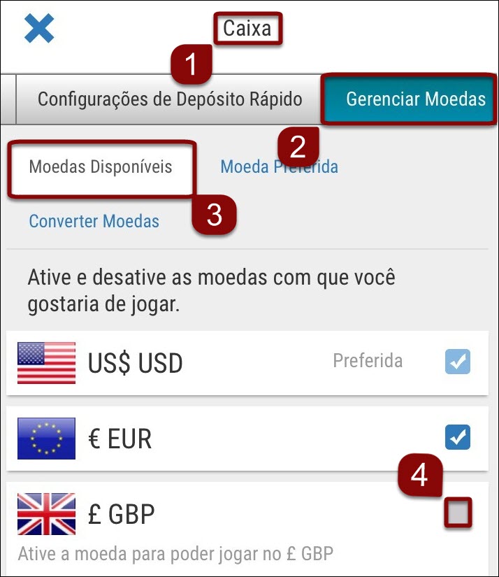 Adicionar moedas à conta