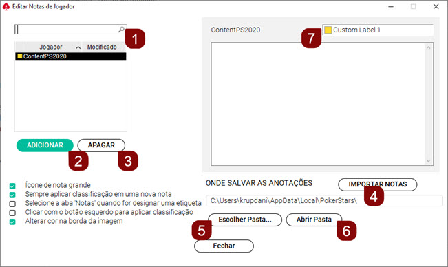Opções de Notas de Jogador