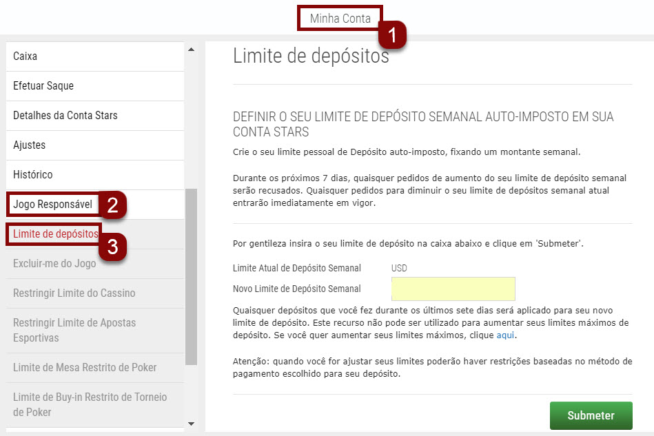 Etapas para definição de limites de depósito no site